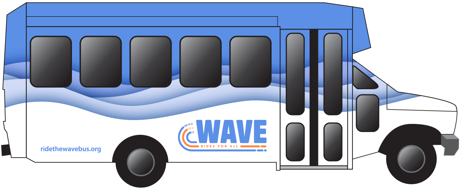A graphic rendering of a WAVE bus with the new wave design and multicolor logo.