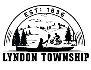 The logo for Lyndon Township. An illustration of rolling hills with a bicyclist and a person in a canoe sits above the text "Lyndon Township".