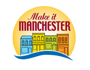 The logo of Manchester City, Michigan. The logo is inside a bright yellow circle. At the top is the text "Make it Manchester", and below that are four colorful illustrated buildings.