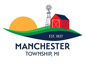 Logo for Manchester Township. On the left there is a yellow sun, with a windmill and red barn on the right. Below, the text reads "Manchester Township, MI"
