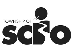 Logo for the township of Scio, Michigan. The logo is black on a white background, with a stylized road running through the "i" in "Scio".