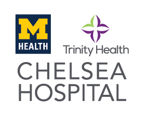 Three logos in one image: The Michigan Health logo, which is a yellow block M; the Trinity Health logo, which is a four-pointed star shape over the text "Trinity Health", and the Chelsea Hospital logo, which is a wordmark in a modernist sans-serif font.